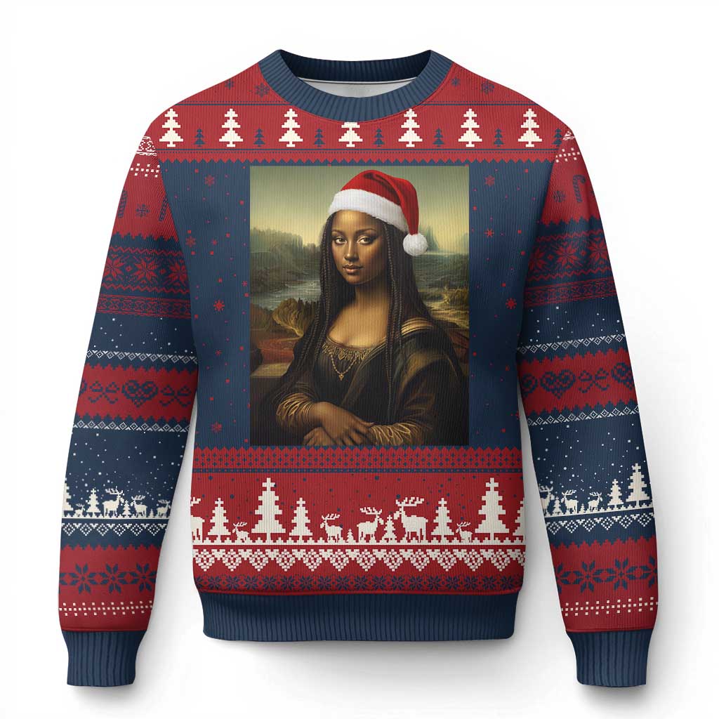 Funny Black Xmas Ugly Christmas Sweater Vintage Mona Lisa Afro Santa Da Vinci Xmas TS10 Navy Red Print Your Wear