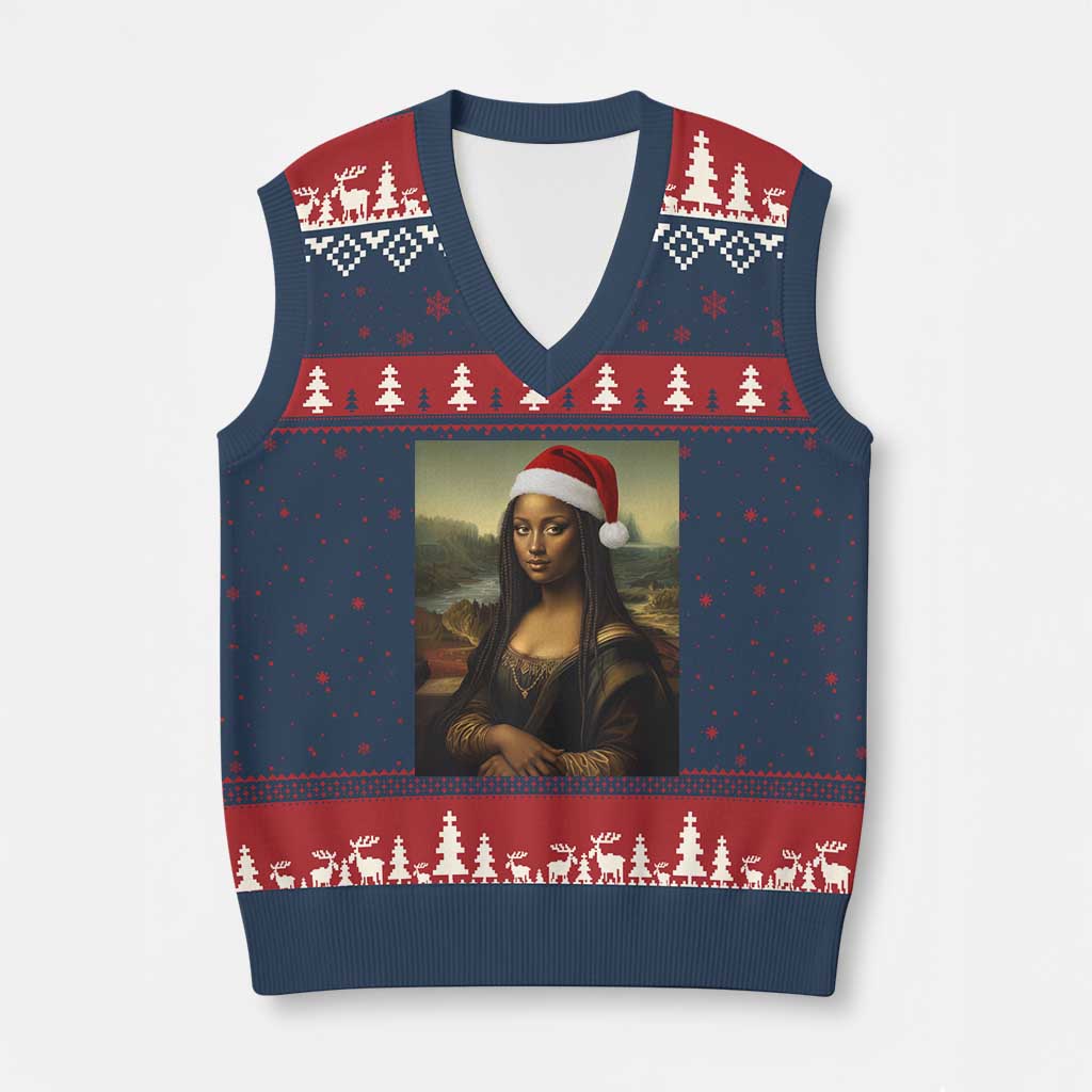 Funny Black Xmas V-Neck Knit Sweater Vest Vintage Mona Lisa Afro Santa Da Vinci Xmas TS10 Navy Red Print Your Wear