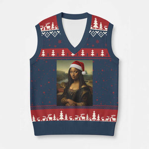 Funny Black Xmas V-Neck Knit Sweater Vest Vintage Mona Lisa Afro Santa Da Vinci Xmas TS10 Navy Red Print Your Wear