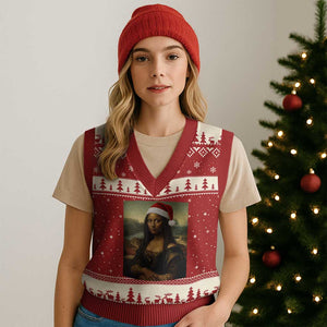 Funny Black Xmas V-Neck Knit Sweater Vest Vintage Mona Lisa Afro Santa Da Vinci Xmas TS10 Red Beige Print Your Wear
