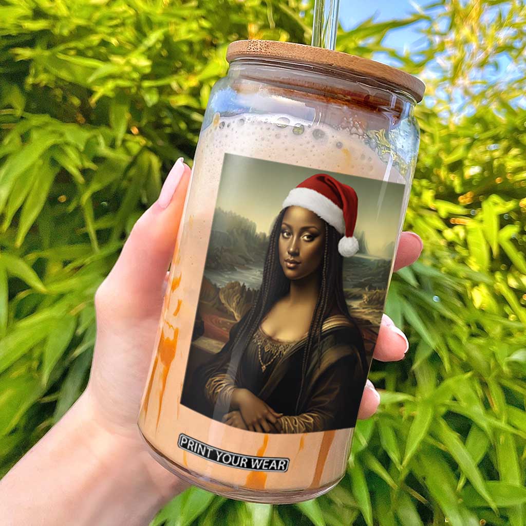 Funny Black Christmas Glass Can Vintage Mona Lisa Afro Santa Da Vinci Xmas - Print Your Wear