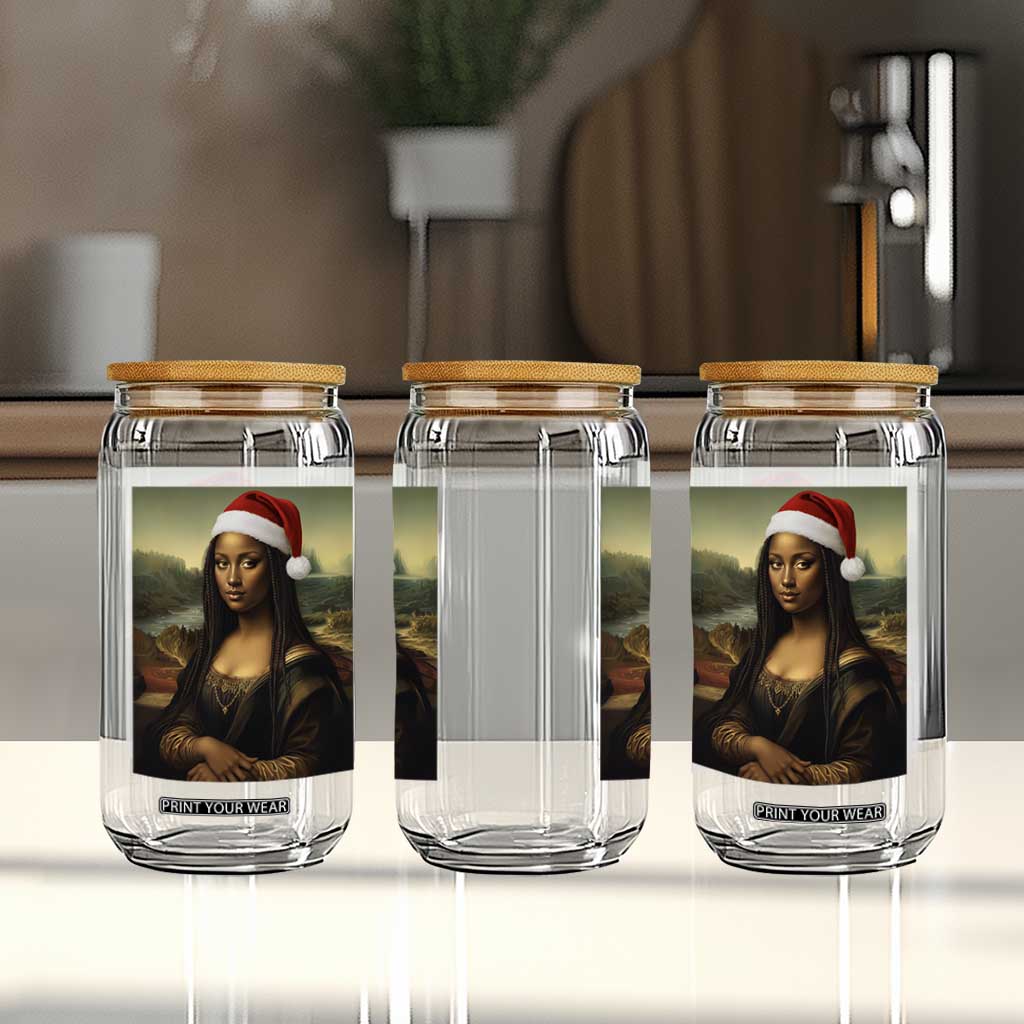 Funny Black Christmas Glass Can Vintage Mona Lisa Afro Santa Da Vinci Xmas - Print Your Wear