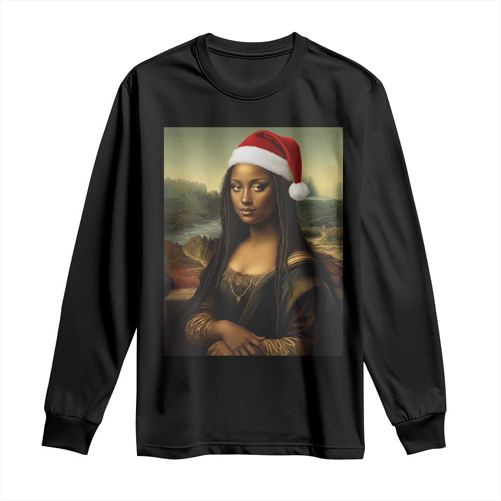 Funny Black Christmas Long Sleeve Shirt Vintage Mona Lisa Afro Santa Da Vinci Xmas - Print Your Wear