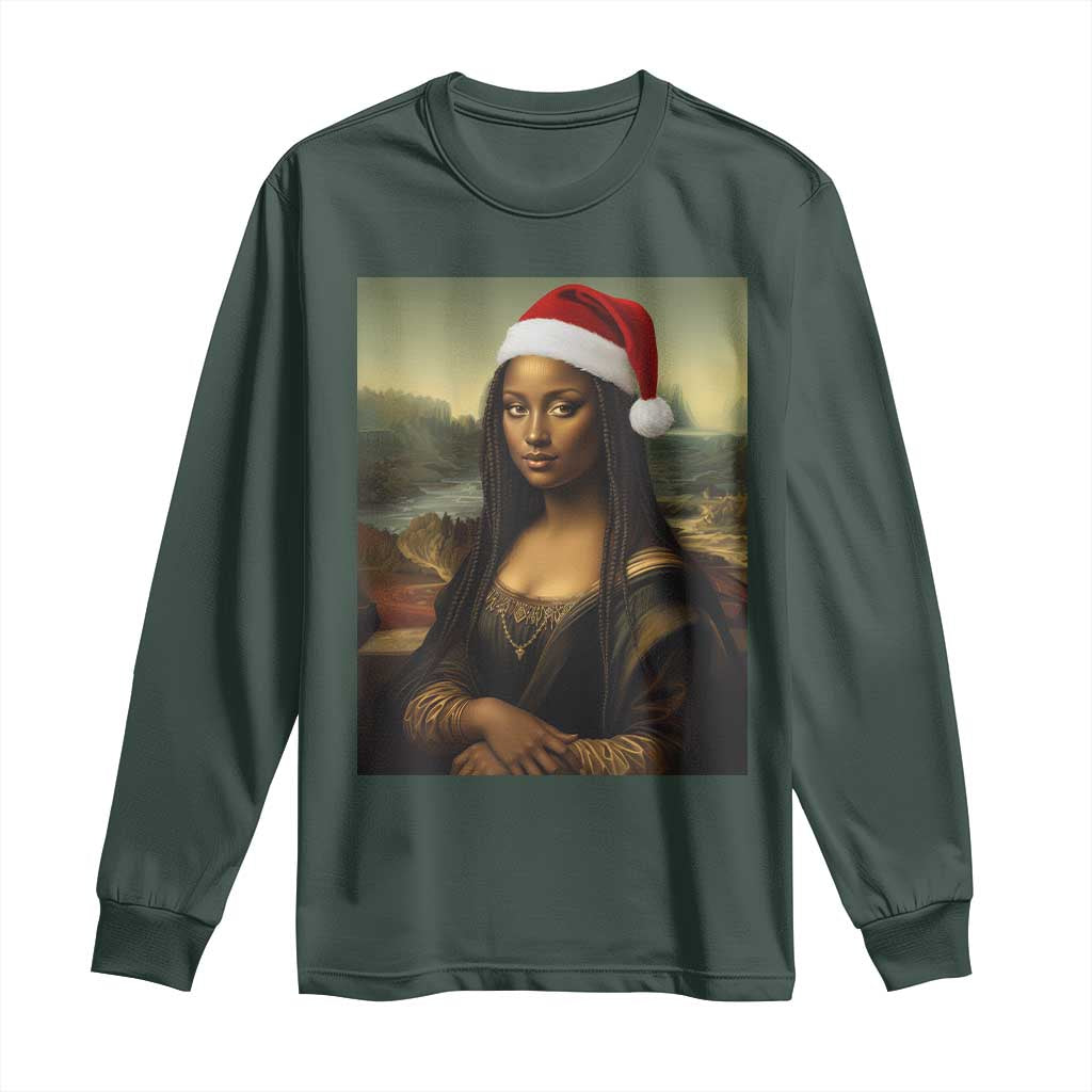 Funny Black Christmas Long Sleeve Shirt Vintage Mona Lisa Afro Santa Da Vinci Xmas - Print Your Wear