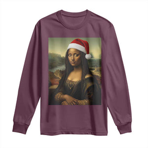 Funny Black Christmas Long Sleeve Shirt Vintage Mona Lisa Afro Santa Da Vinci Xmas - Print Your Wear