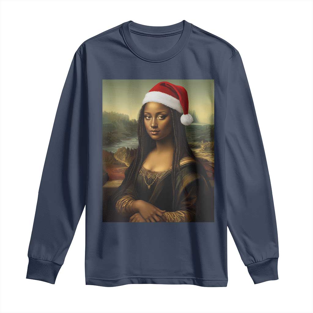 Funny Black Christmas Long Sleeve Shirt Vintage Mona Lisa Afro Santa Da Vinci Xmas - Print Your Wear