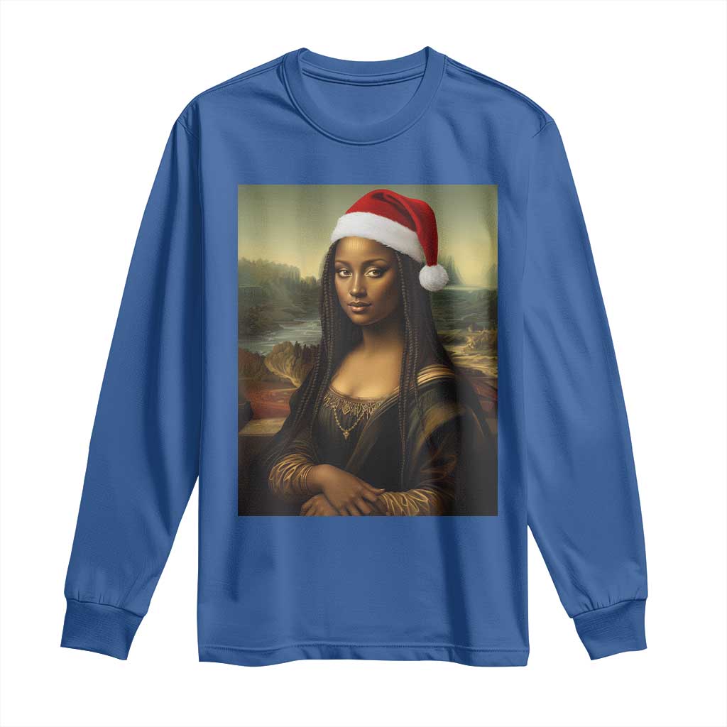Funny Black Christmas Long Sleeve Shirt Vintage Mona Lisa Afro Santa Da Vinci Xmas - Print Your Wear
