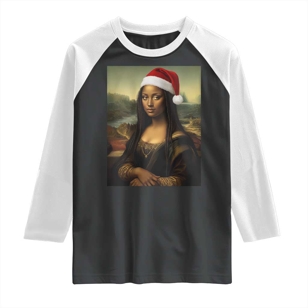 Funny Black Christmas Raglan Shirt Vintage Mona Lisa Afro Santa Da Vinci Xmas TS10 Black White Print Your Wear