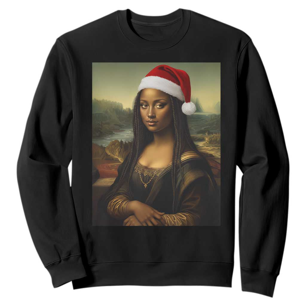 Funny Black Christmas Sweatshirt Vintage Mona Lisa Afro Santa Da Vinci Xmas - Print Your Wear
