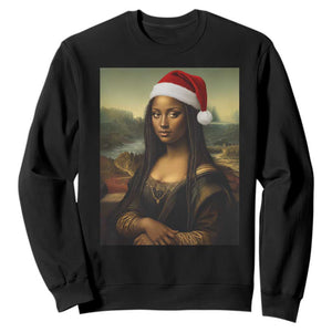 Funny Black Christmas Sweatshirt Vintage Mona Lisa Afro Santa Da Vinci Xmas - Print Your Wear