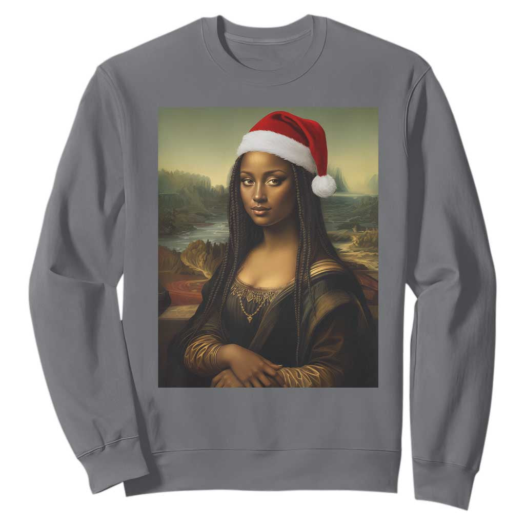 Funny Black Christmas Sweatshirt Vintage Mona Lisa Afro Santa Da Vinci Xmas - Print Your Wear