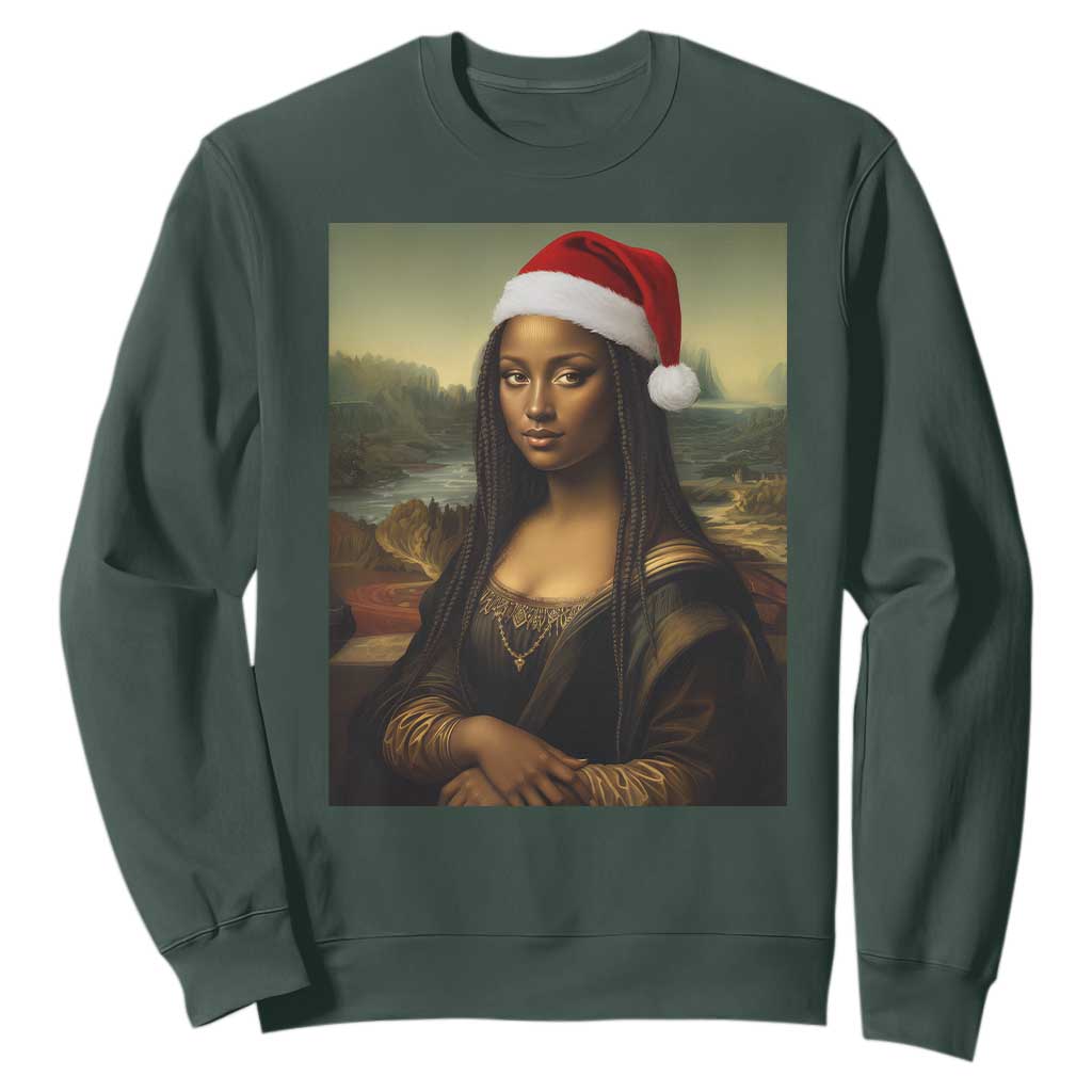 Funny Black Christmas Sweatshirt Vintage Mona Lisa Afro Santa Da Vinci Xmas TS10 Dark Forest Green Print Your Wear