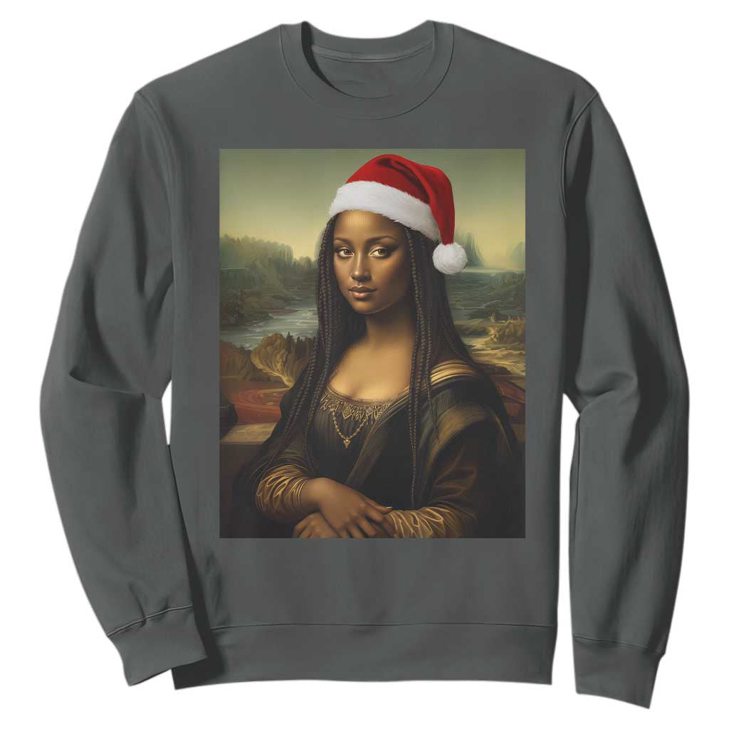 Funny Black Christmas Sweatshirt Vintage Mona Lisa Afro Santa Da Vinci Xmas TS10 Dark Heather Print Your Wear