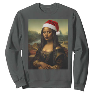 Funny Black Christmas Sweatshirt Vintage Mona Lisa Afro Santa Da Vinci Xmas TS10 Dark Heather Print Your Wear