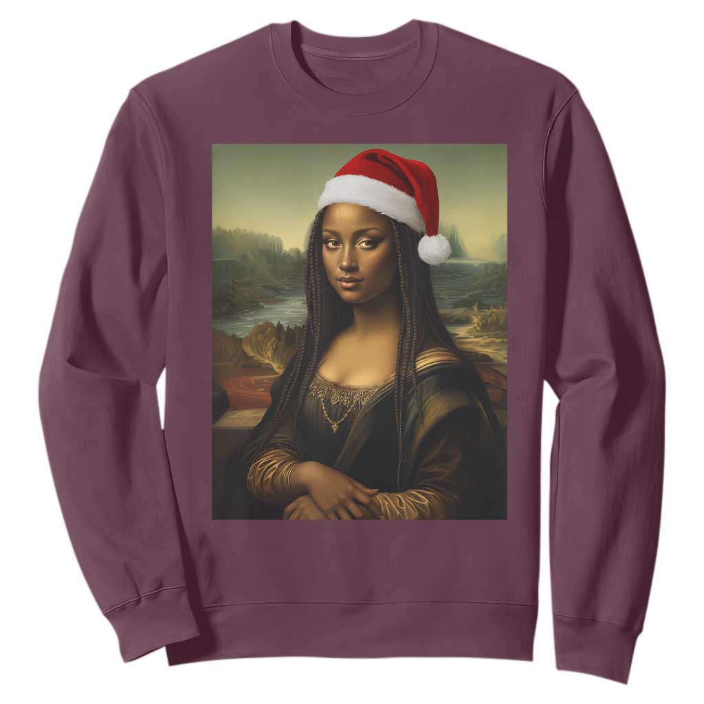 Funny Black Christmas Sweatshirt Vintage Mona Lisa Afro Santa Da Vinci Xmas TS10 Maroon Print Your Wear