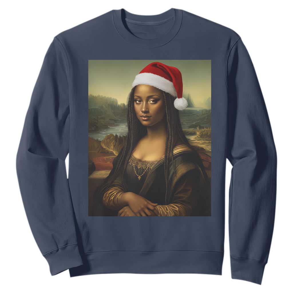 Funny Black Christmas Sweatshirt Vintage Mona Lisa Afro Santa Da Vinci Xmas TS10 Navy Print Your Wear