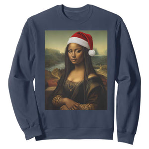Funny Black Christmas Sweatshirt Vintage Mona Lisa Afro Santa Da Vinci Xmas - Print Your Wear