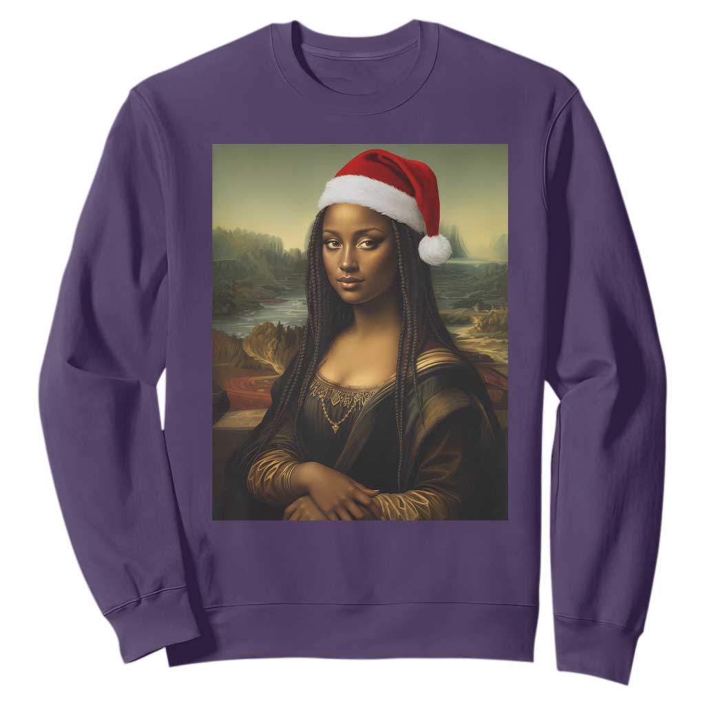 Funny Black Christmas Sweatshirt Vintage Mona Lisa Afro Santa Da Vinci Xmas - Print Your Wear