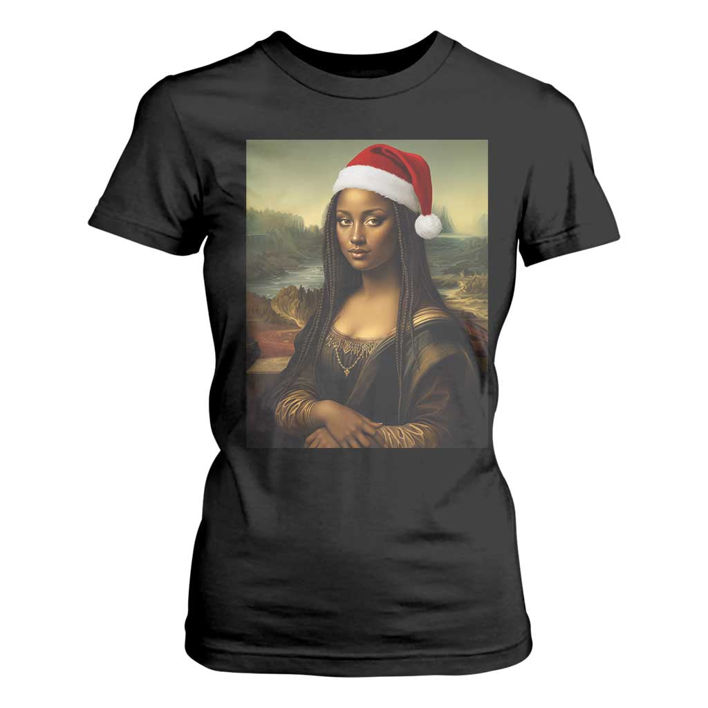 Funny Black Christmas T Shirt For Women Vintage Mona Lisa Afro Santa Da Vinci Xmas - Print Your Wear