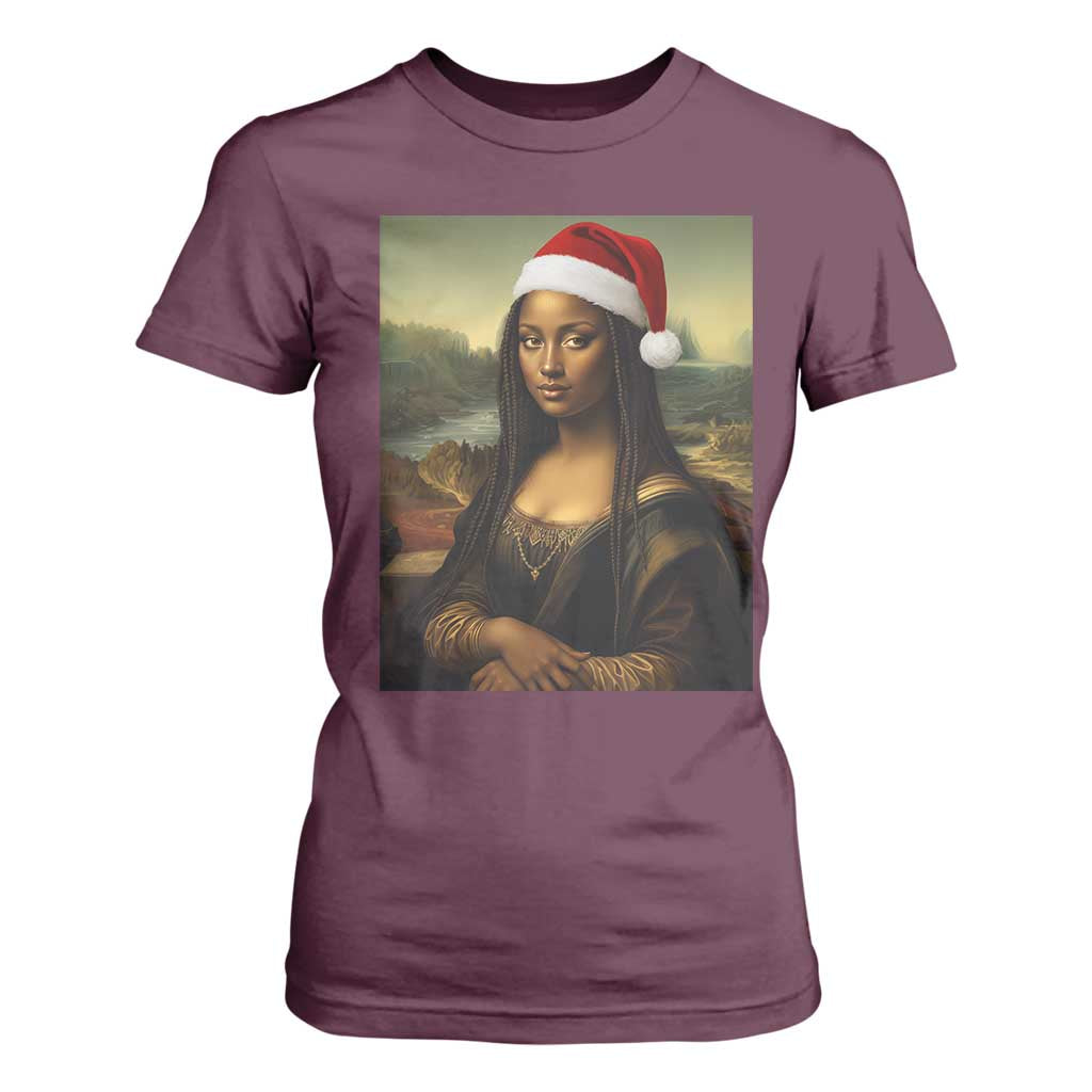 Funny Black Christmas T Shirt For Women Vintage Mona Lisa Afro Santa Da Vinci Xmas - Print Your Wear