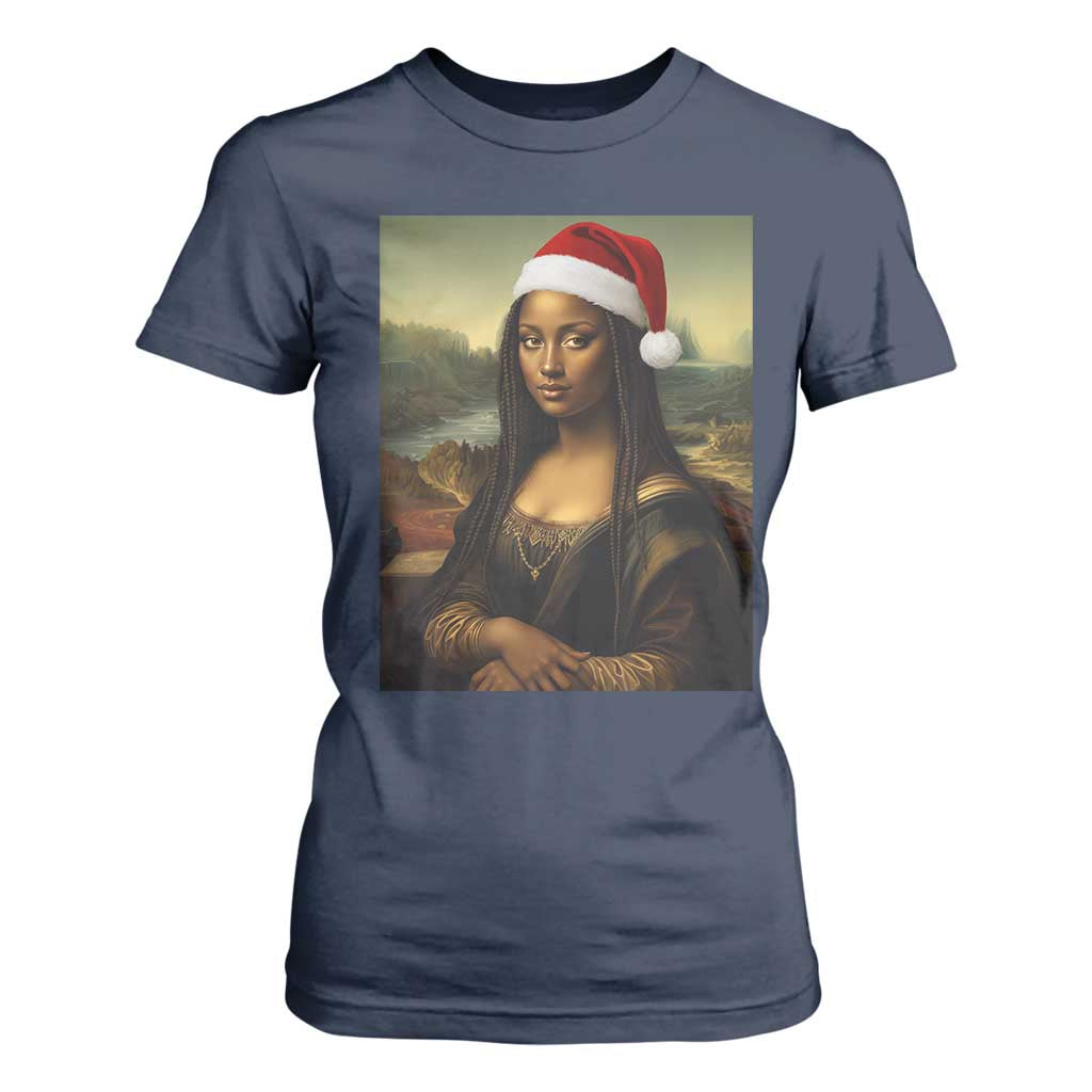 Funny Black Christmas T Shirt For Women Vintage Mona Lisa Afro Santa Da Vinci Xmas - Print Your Wear