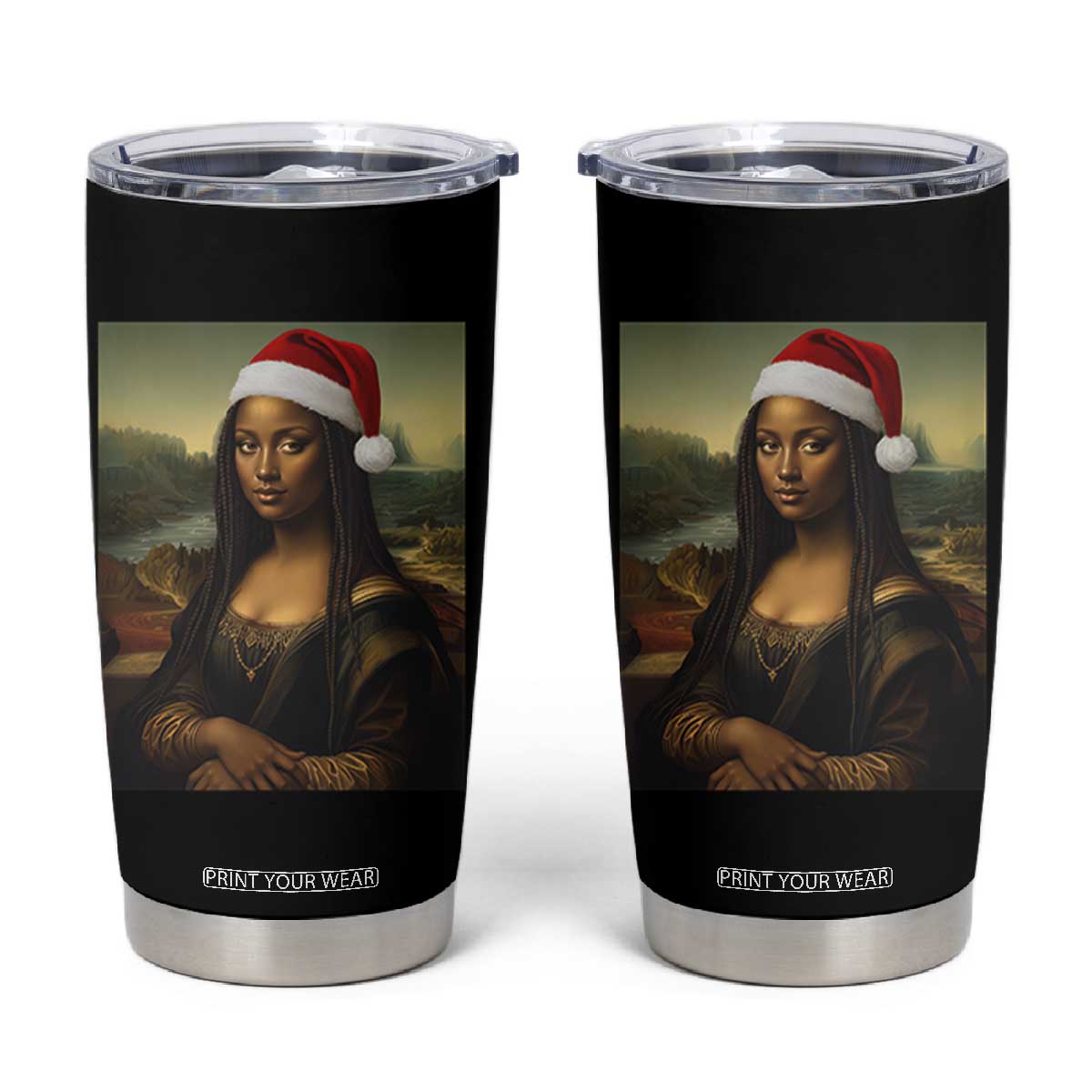 Funny Black Christmas Tumbler Cup Vintage Mona Lisa Afro Santa Da Vinci Xmas - Print Your Wear