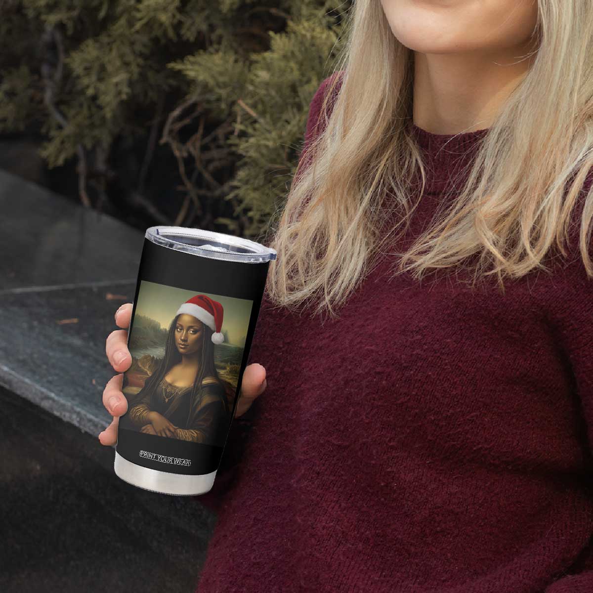 Funny Black Christmas Tumbler Cup Vintage Mona Lisa Afro Santa Da Vinci Xmas - Print Your Wear