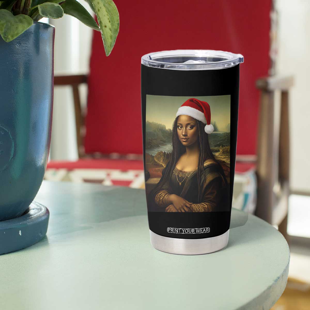 Funny Black Christmas Tumbler Cup Vintage Mona Lisa Afro Santa Da Vinci Xmas - Print Your Wear