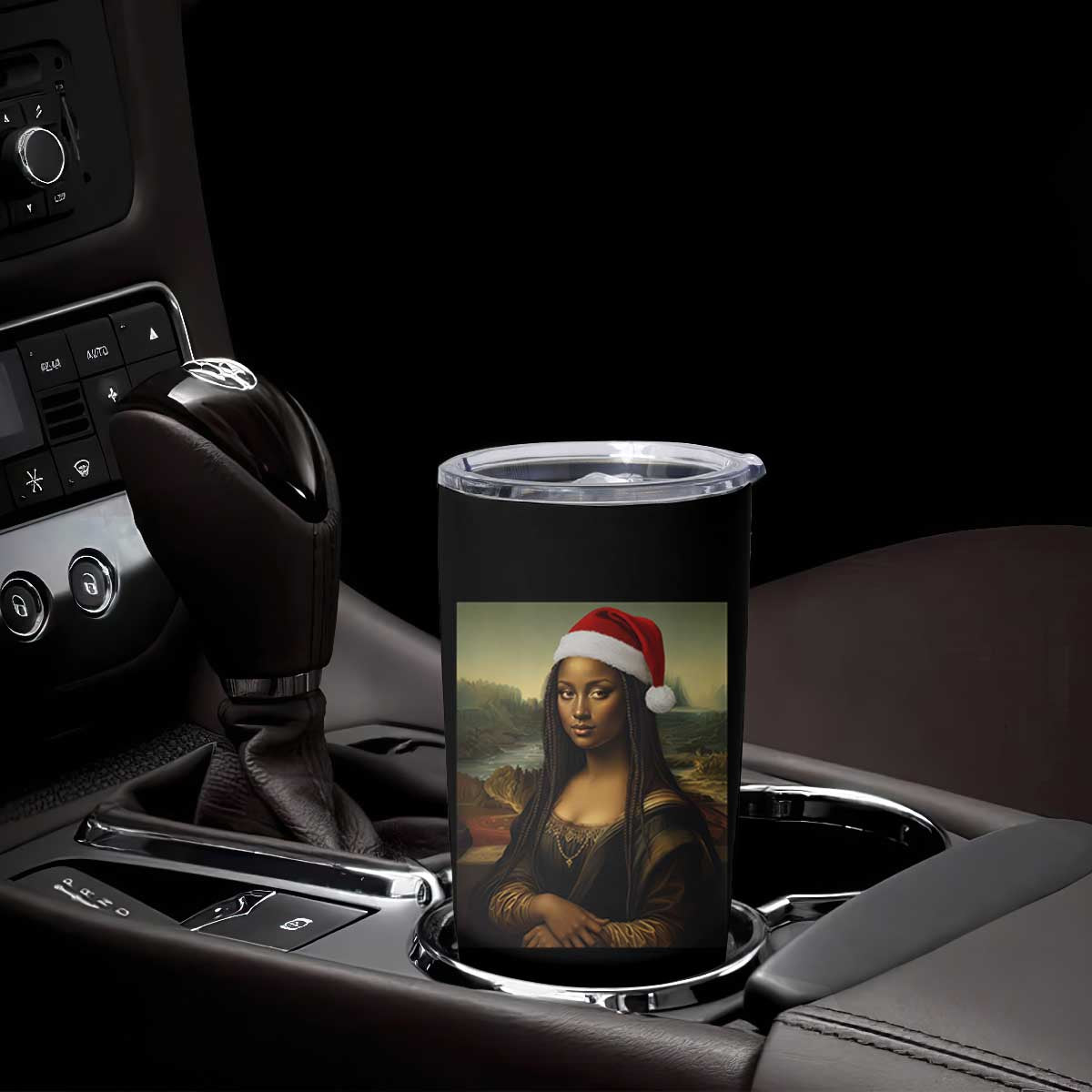 Funny Black Christmas Tumbler Cup Vintage Mona Lisa Afro Santa Da Vinci Xmas - Print Your Wear