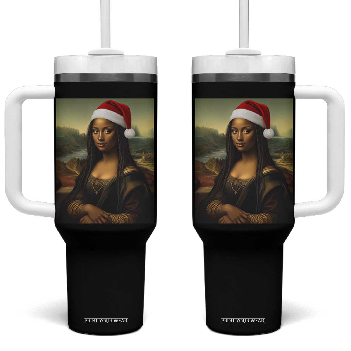 Funny Black Christmas Tumbler With Handle Vintage Mona Lisa Afro Santa Da Vinci Xmas - Print Your Wear