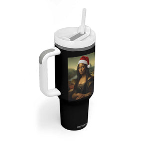 Funny Black Christmas Tumbler With Handle Vintage Mona Lisa Afro Santa Da Vinci Xmas - Print Your Wear