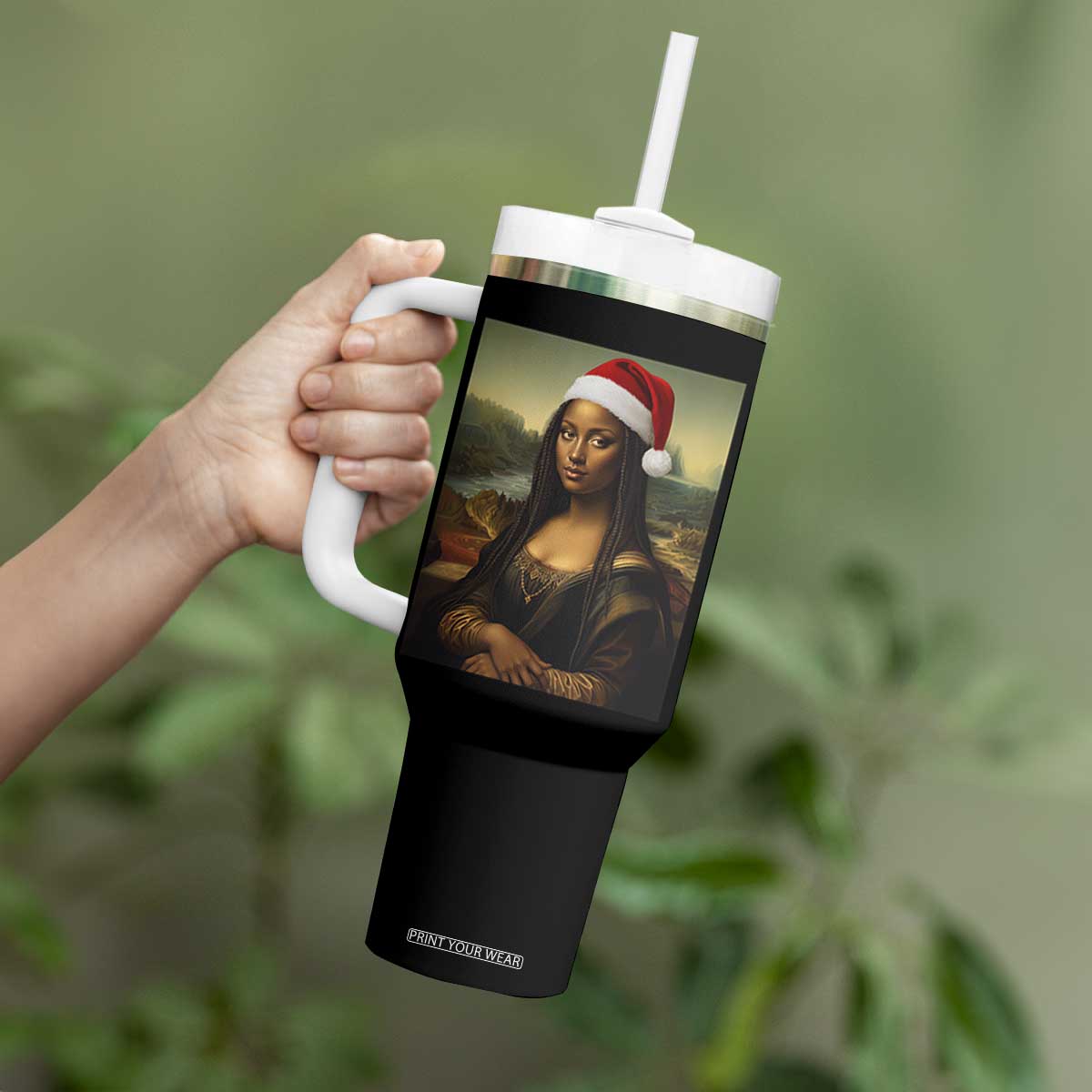 Funny Black Christmas Tumbler With Handle Vintage Mona Lisa Afro Santa Da Vinci Xmas - Print Your Wear