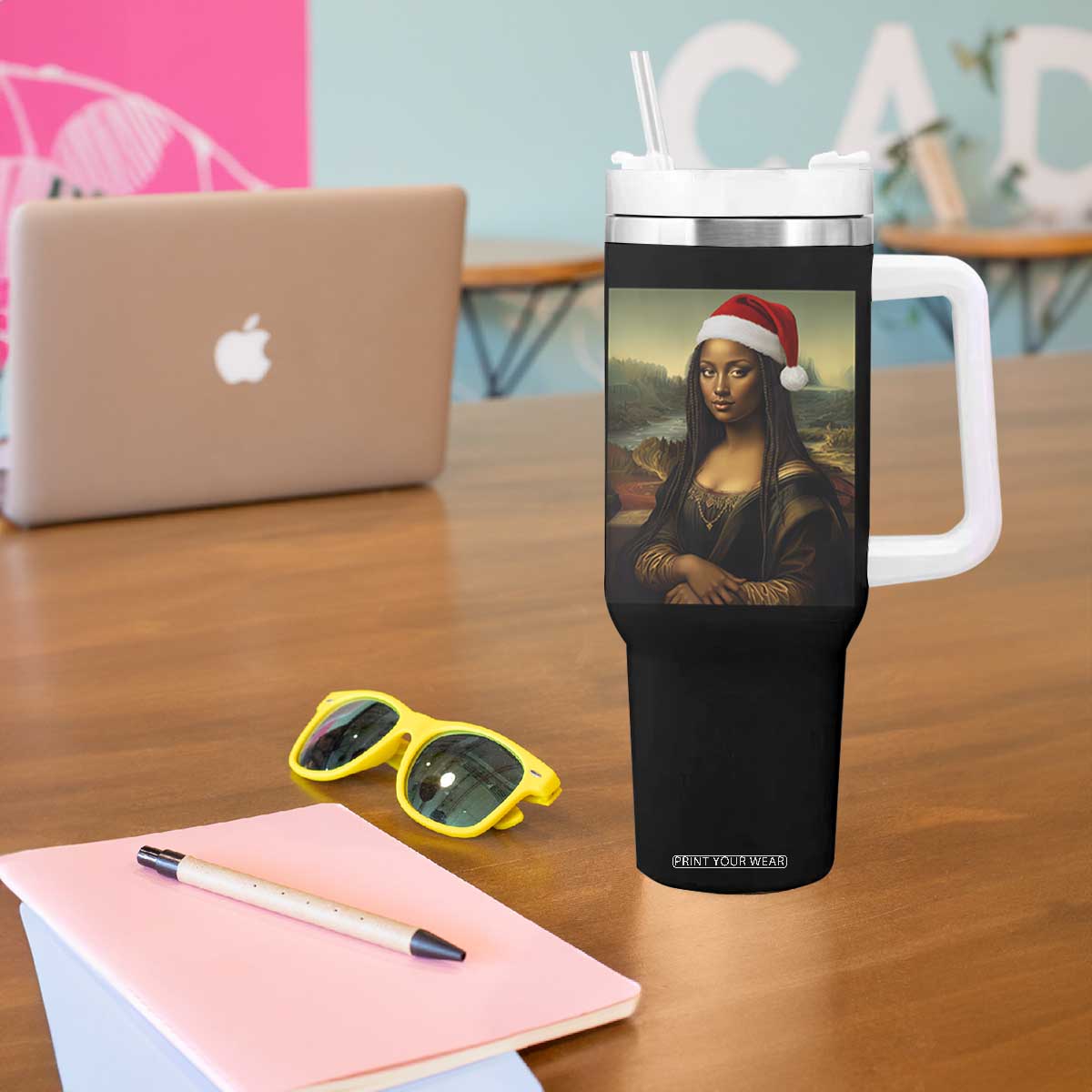 Funny Black Christmas Tumbler With Handle Vintage Mona Lisa Afro Santa Da Vinci Xmas TS10 Print Your Wear
