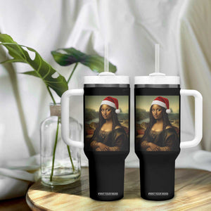 Funny Black Christmas Tumbler With Handle Vintage Mona Lisa Afro Santa Da Vinci Xmas - Print Your Wear