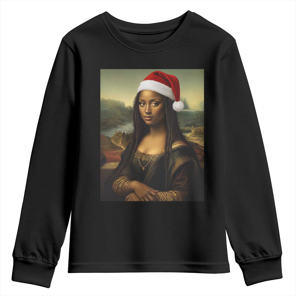 Funny Black Christmas Youth Sweatshirt Vintage Mona Lisa Afro Santa Da Vinci Xmas - Print Your Wear
