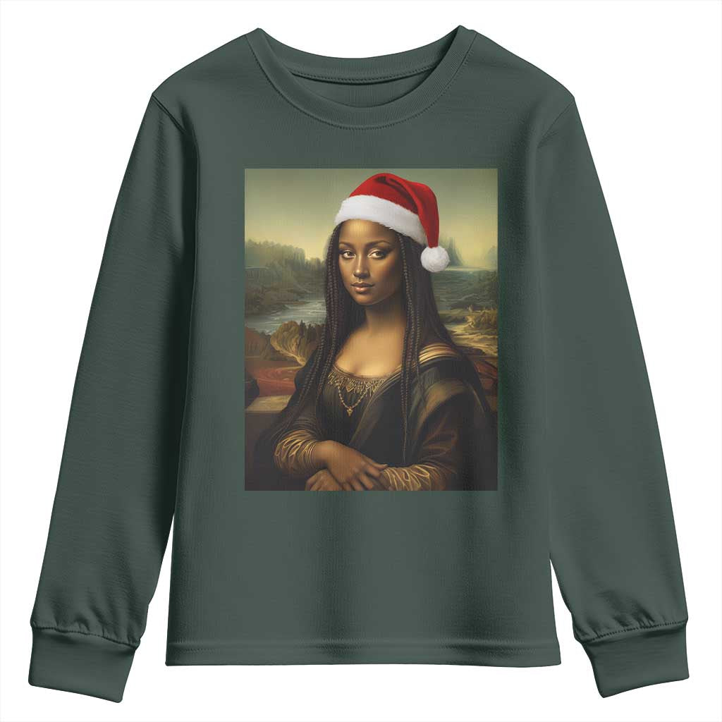 Funny Black Christmas Youth Sweatshirt Vintage Mona Lisa Afro Santa Da Vinci Xmas TS10 Dark Forest Green Print Your Wear