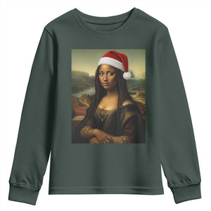 Funny Black Christmas Youth Sweatshirt Vintage Mona Lisa Afro Santa Da Vinci Xmas TS10 Dark Forest Green Print Your Wear