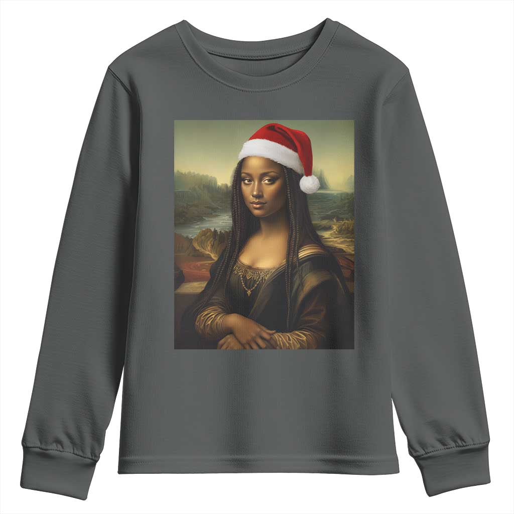 Funny Black Christmas Youth Sweatshirt Vintage Mona Lisa Afro Santa Da Vinci Xmas - Print Your Wear