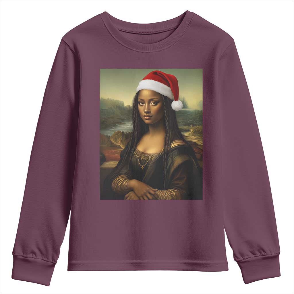 Funny Black Christmas Youth Sweatshirt Vintage Mona Lisa Afro Santa Da Vinci Xmas TS10 Maroon Print Your Wear