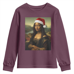 Funny Black Christmas Youth Sweatshirt Vintage Mona Lisa Afro Santa Da Vinci Xmas TS10 Maroon Print Your Wear