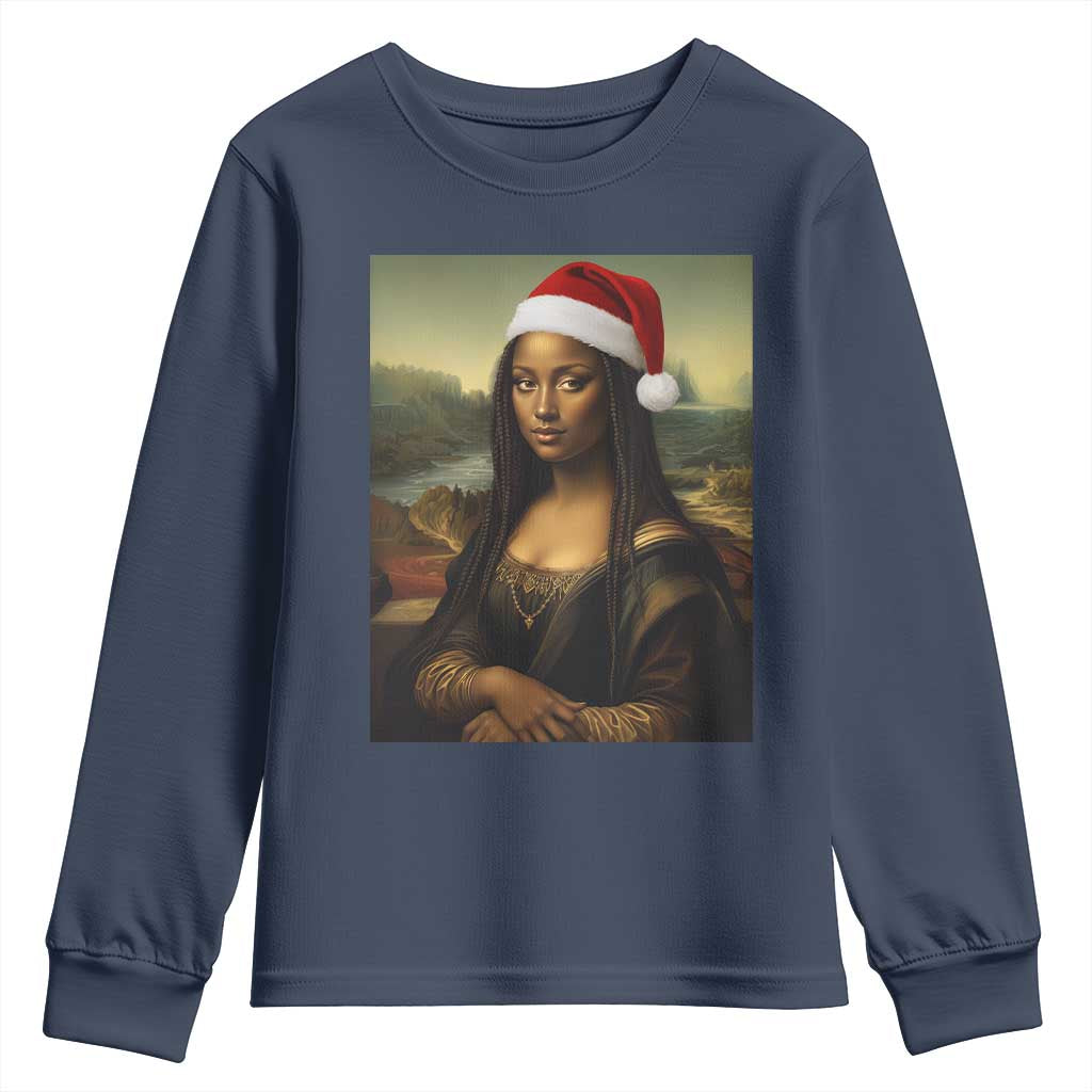 Funny Black Christmas Youth Sweatshirt Vintage Mona Lisa Afro Santa Da Vinci Xmas TS10 Navy Print Your Wear
