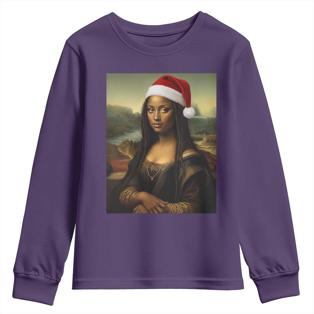 Funny Black Christmas Youth Sweatshirt Vintage Mona Lisa Afro Santa Da Vinci Xmas TS10 Purple Print Your Wear