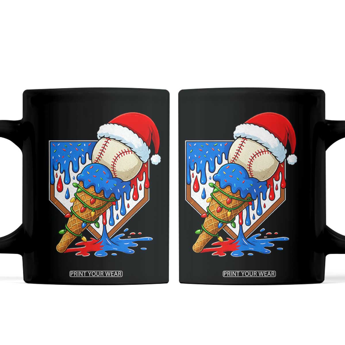 Christmas Baseball Ice Cream Drip Coffee Mug Santa Sports Player Xmas Light Boys Baseball Bat TS10 Black Print Your Wear