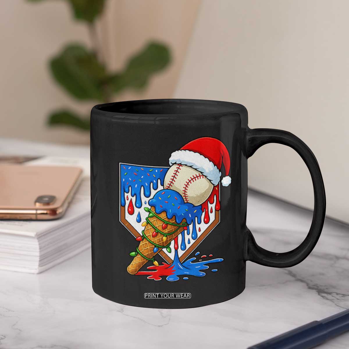 Christmas Baseball Ice Cream Drip Coffee Mug Santa Sports Player Xmas Light Boys Baseball Bat TS10 Print Your Wear