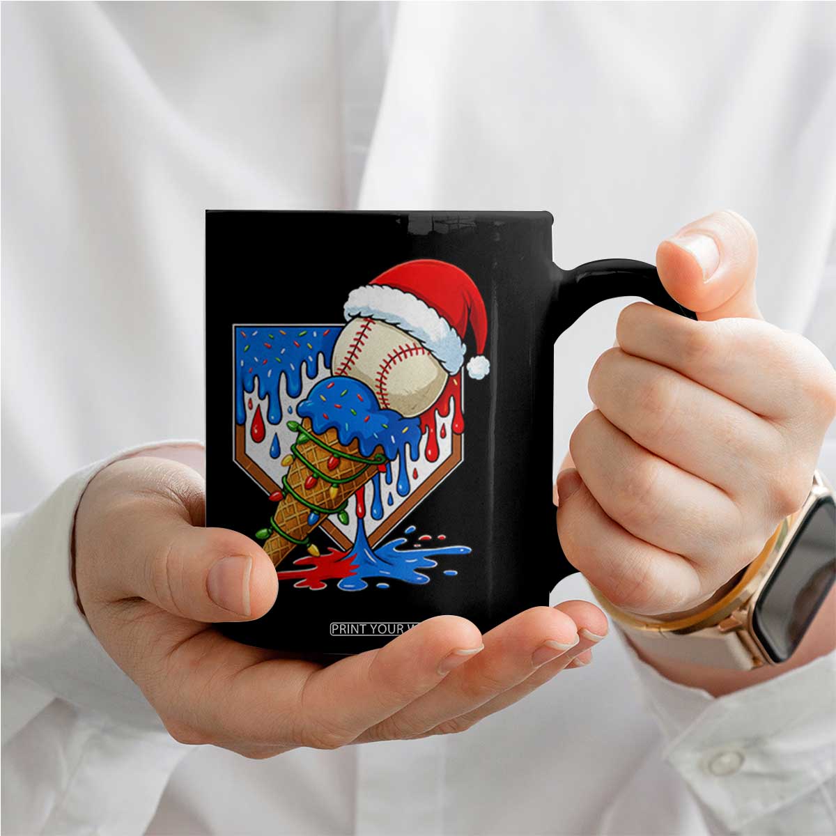 Christmas Baseball Ice Cream Drip Coffee Mug Santa Sports Player Xmas Light Boys Baseball Bat TS10 Print Your Wear