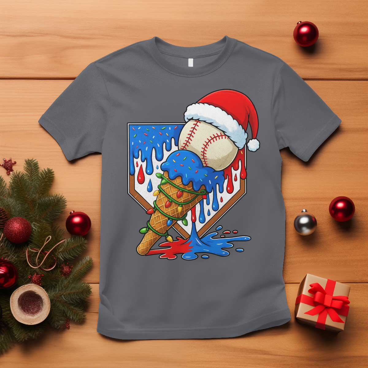 Christmas Baseball Ice Cream Drip T Shirt Santa Sports Player Xmas Light Boys Baseball Bat TS10 Charcoal Print Your Wear