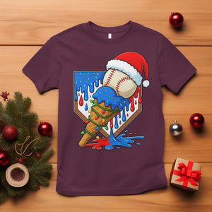 Christmas Baseball Ice Cream Drip T Shirt Santa Sports Player Xmas Light Boys Baseball Bat TS10 Maroon Print Your Wear