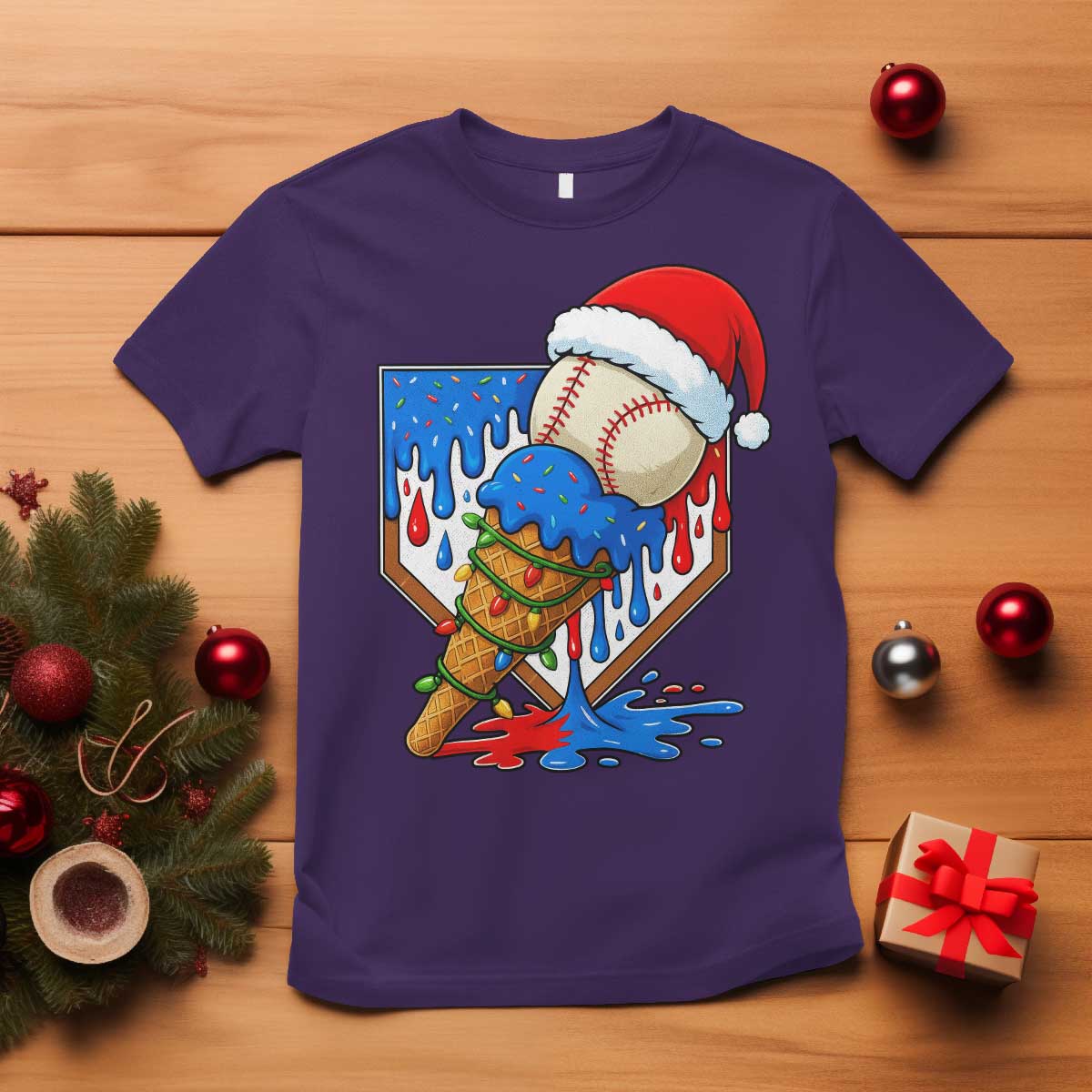Christmas Baseball Ice Cream Drip T Shirt Santa Sports Player Xmas Light Boys Baseball Bat TS10 Purple Print Your Wear