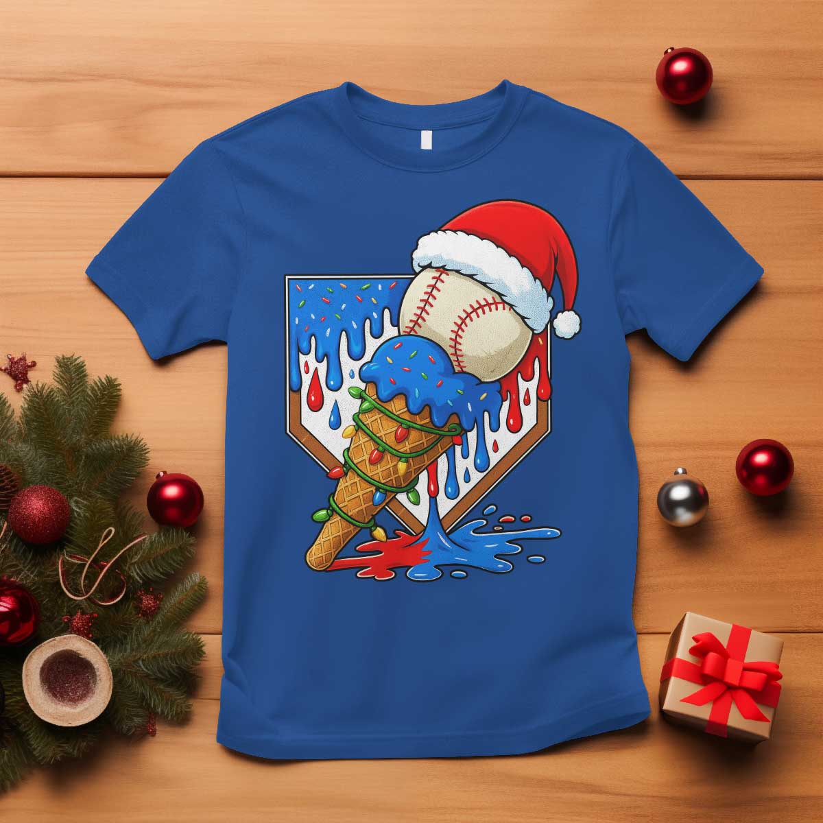 Christmas Baseball Ice Cream Drip T Shirt Santa Sports Player Xmas Light Boys Baseball Bat TS10 Royal Blue Print Your Wear