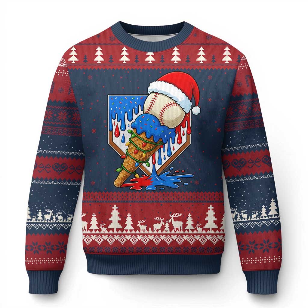 Xmas Baseball Ice Cream Drip Ugly Christmas Sweater Santa Sports Player Xmas Light Boys Baseball Bat TS10 Navy Red Print Your Wear